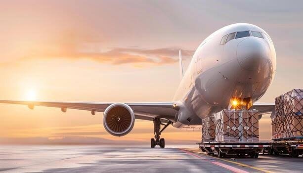 Air freight cargo aircraft loading at sunset